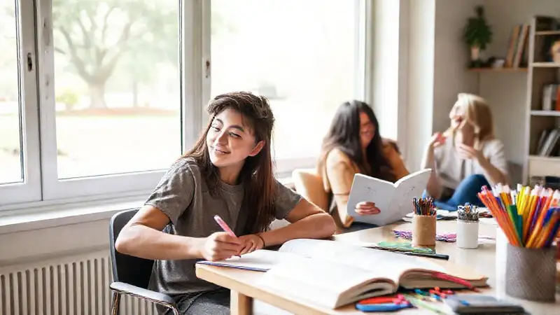 Estudiante estudiar, relajarse, pasear y reír