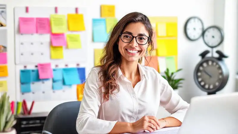 Espacio organizado, notas, calendario y motivación