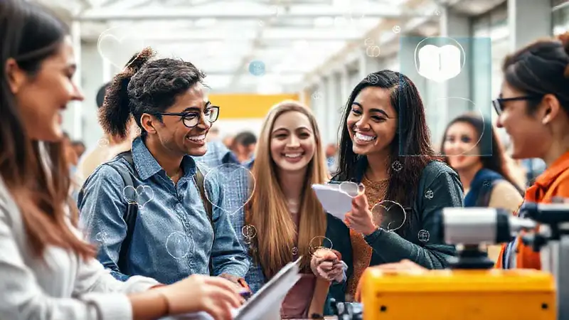Estudiantes colaboran en campus con tecnología moderna