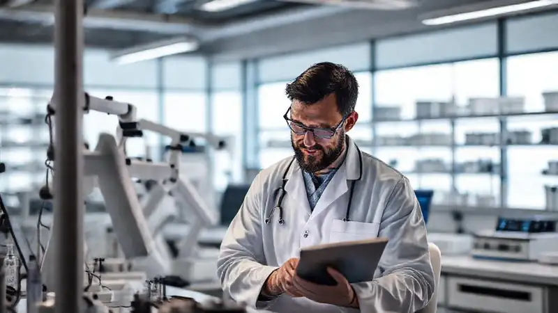 Ingeniero biomédico en laboratorio tranquilo y relajado