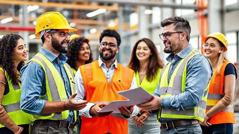 Ingeniero civil lidera equipo en sitio moderno