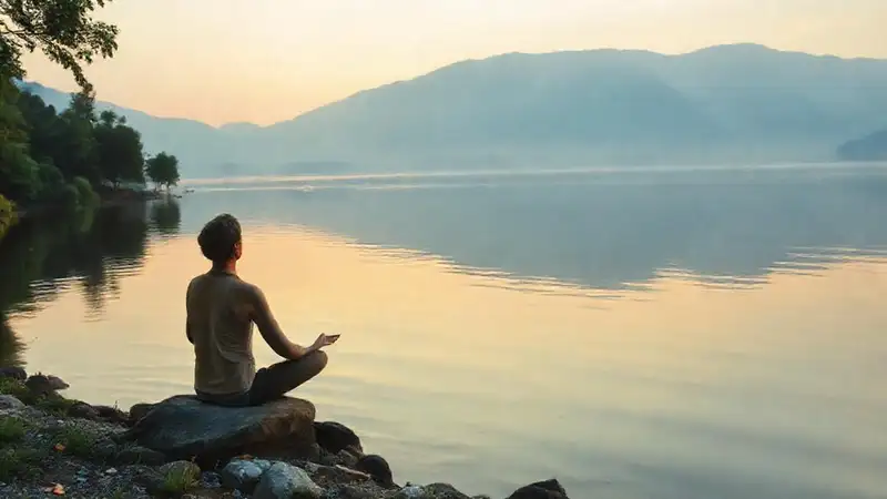 Persona meditando en paisaje tranquilo y hermoso