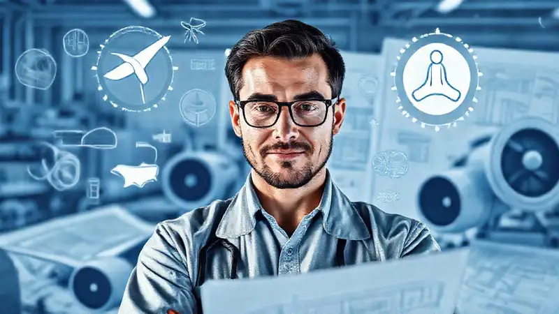 Ingeniero aeroespacial calmo entre planos y tecnología