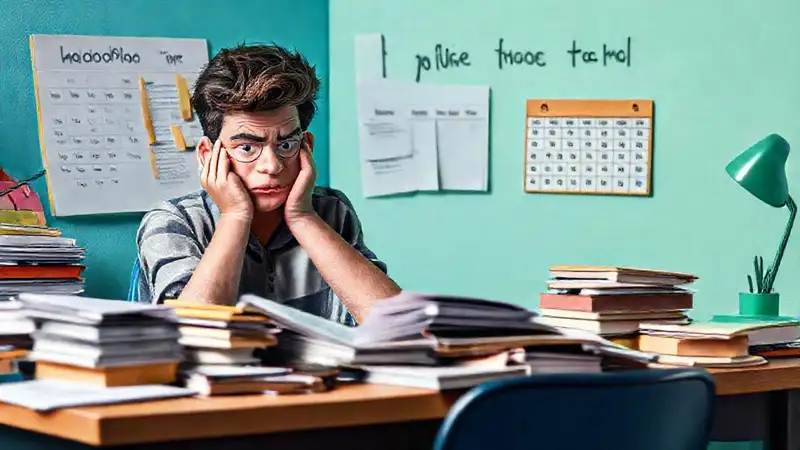 Estudiante estudiando en escritorio desordenado y ansioso