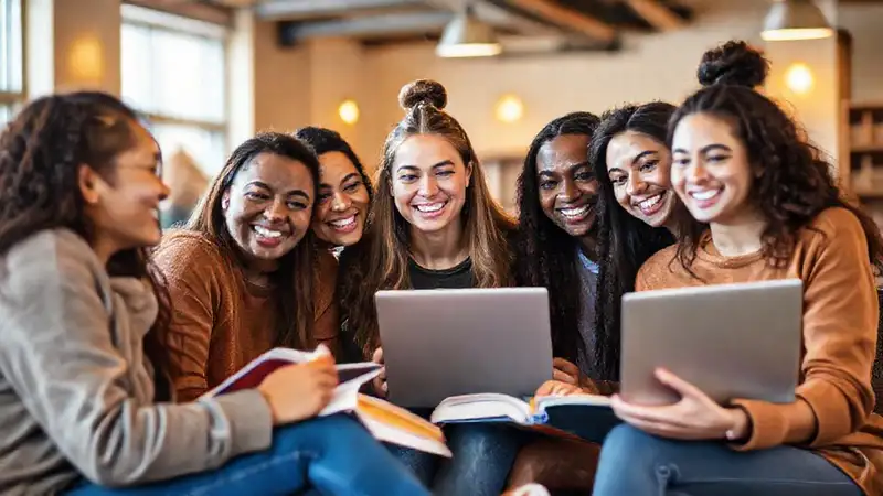 Estudiantes universitarios felices, estudiando juntos