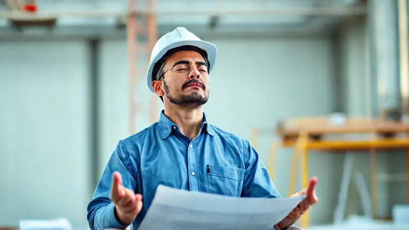 Ingeniero civil meditando en obra tranquila
