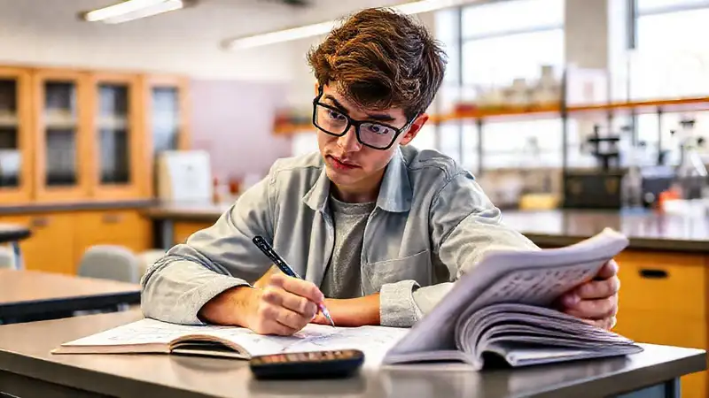 Estudiante estudia química en aula moderna