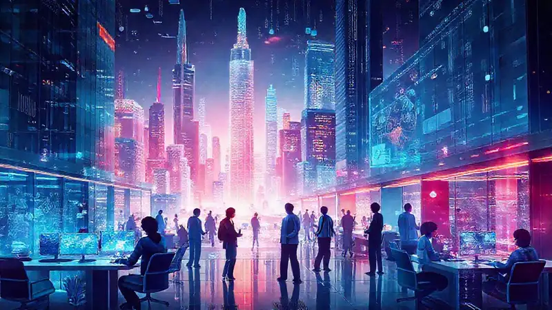 Ciudad futurista con profesionales y tecnología avanzada