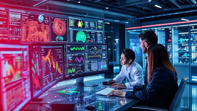 Interfaz futurista y colaboración en laboratorio tecnológico