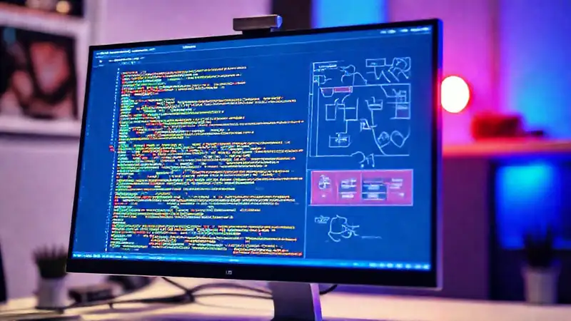 Pantalla de computadora con código y diagramas
