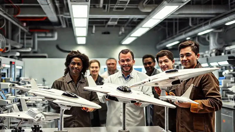 Ingenieros trabajan en un laboratorio aeroespacial futurista
