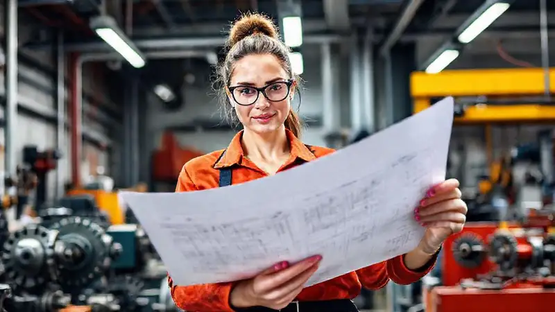 Ingeniera moderna con planos y herramientas tecnológicas