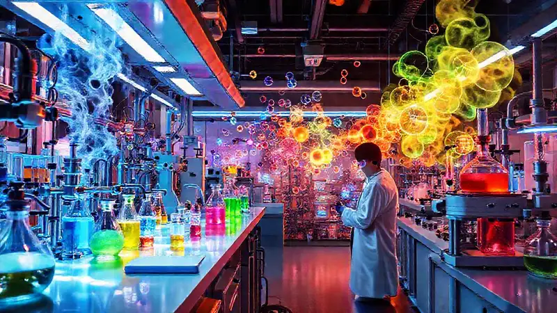 Laboratorio innovador con reacciones y tecnología futurista