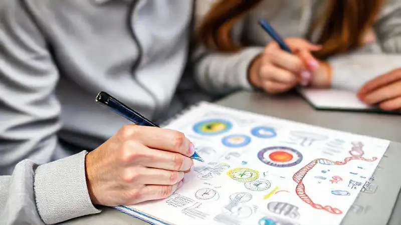 Estudiantes estudian biología con notas coloridas
