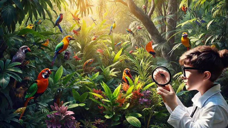 Selva vibrante con biodiversidad y científicos estudiando