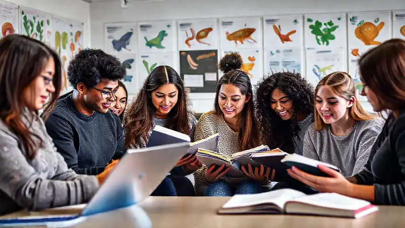 Estudiantes colaborando en aula moderna y colorida