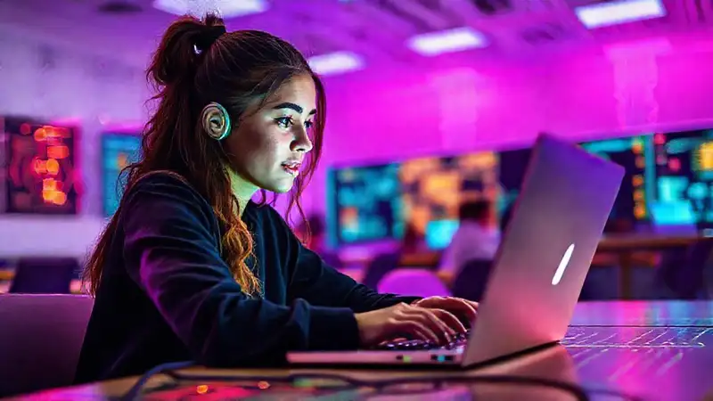 Joven estudiante programando en aula moderna