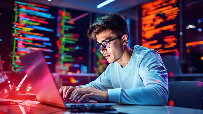 Estudiante programando en un entorno futurista