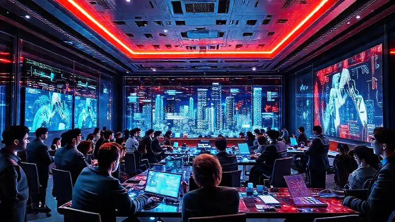 Reunión futurista con profesionales y tecnología avanzada