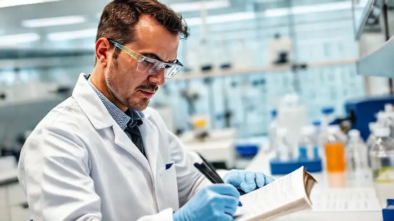 Ingeniero químico realiza notas en laboratorio limpio