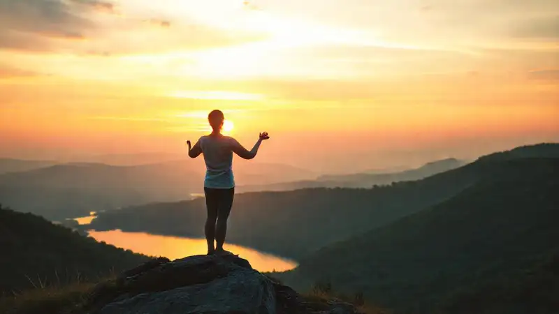 Persona tranquila meditando en montañas al amanecer