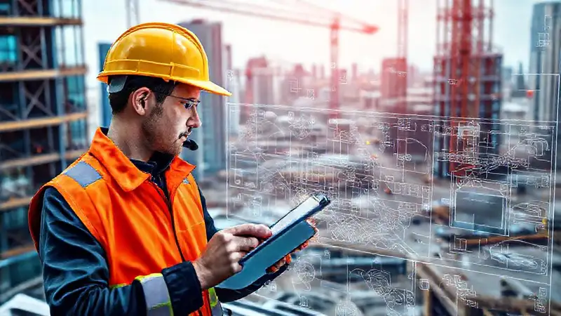 Ingeniero civil con herramientas digitales futuristas
