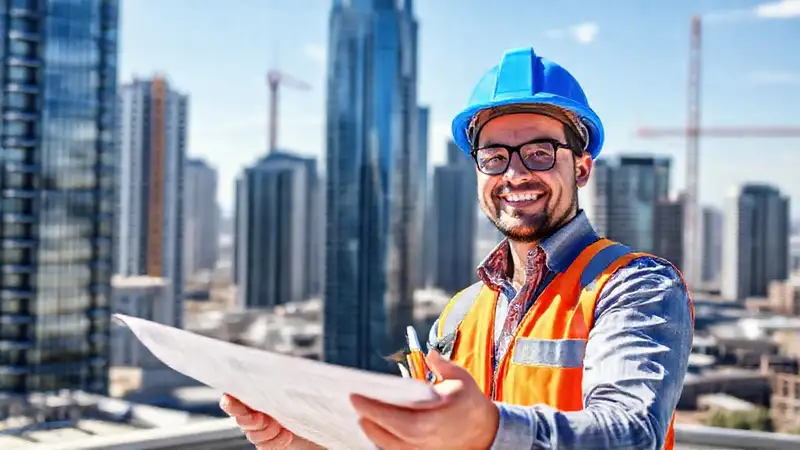 Ingeniero sonriente diseña rascacielos modernos