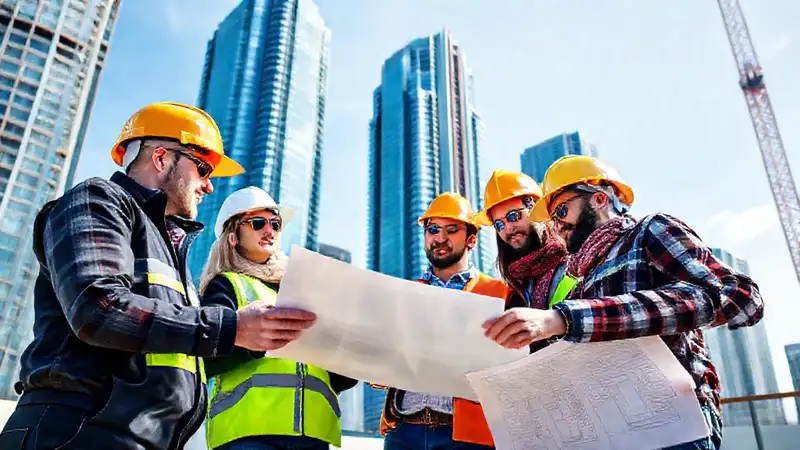 Ingenieros trabajando en construcción de rascacielos