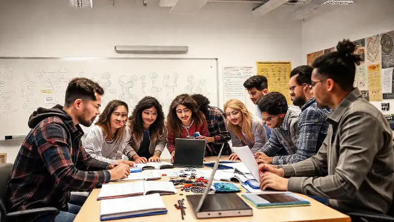 Estudiantes colaborando en estudio técnico conjunto