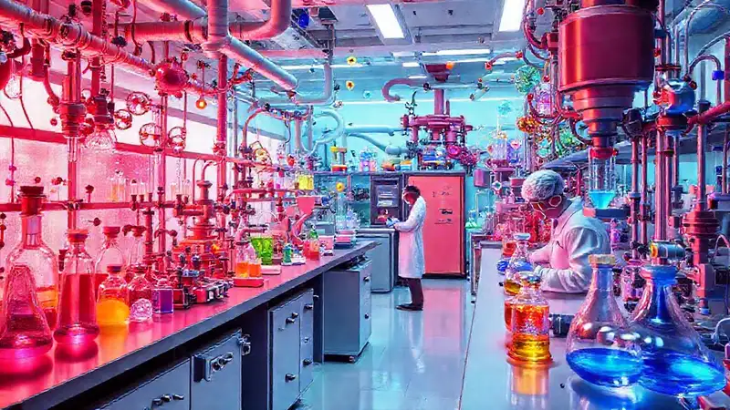 Laboratorio de ingeniería química con equipos vibrantes