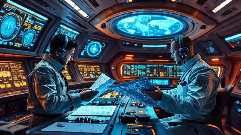 Ingenieros aeroespaciales revisando documentos futuristas