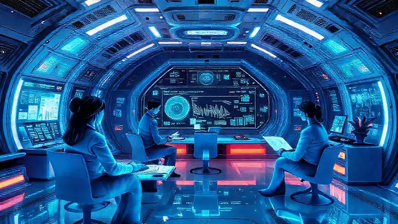 Oficina futurista con hologramas y tecnología avanzada