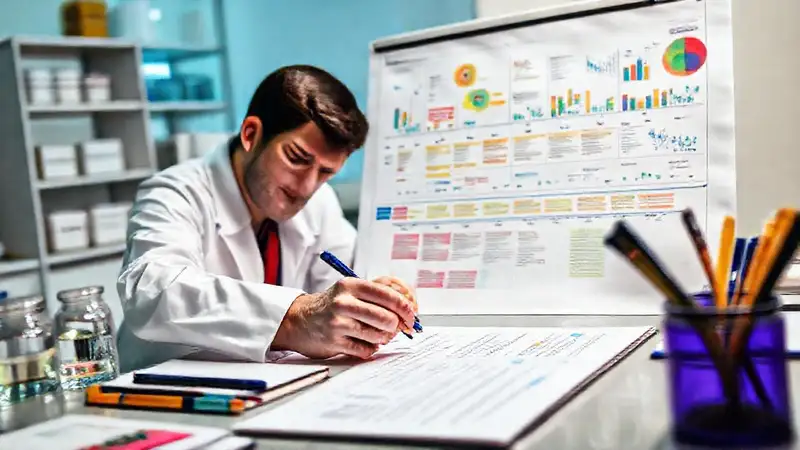 Investigador planifica con gráficos en laboratorio