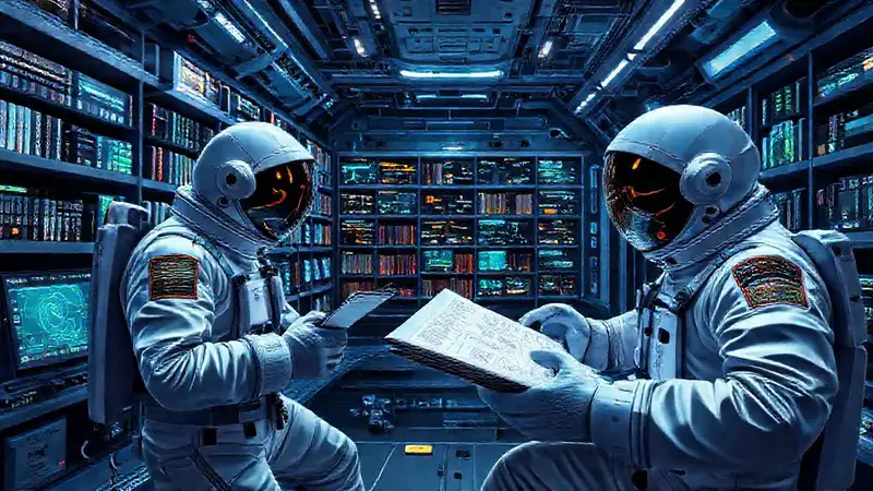Biblioteca aeroespacial con diseño moderno y detallado
