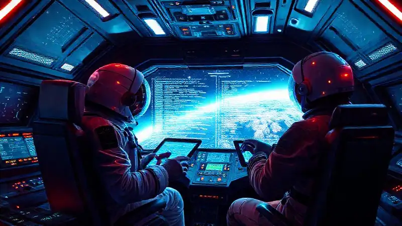 Cabina futurista con astrónomo programando en hologramas