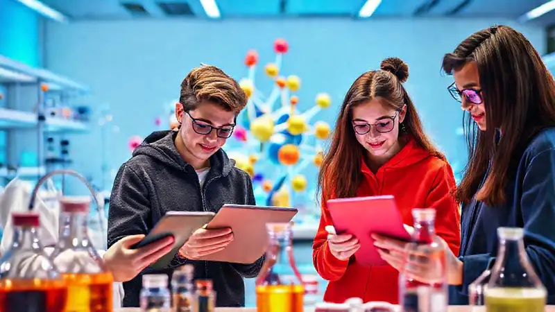 Estudiantes en laboratorio con tecnología moderna
