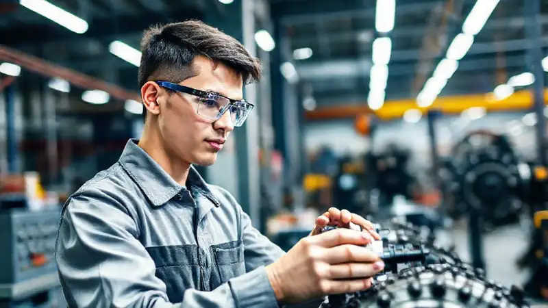 Practicante joven ensamblando en taller industrial