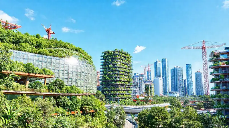 Ciudad sostenible moderna con edificios ecológicos innovadores