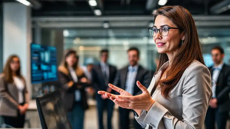 Mujer profesional entrevista técnica en oficina moderna