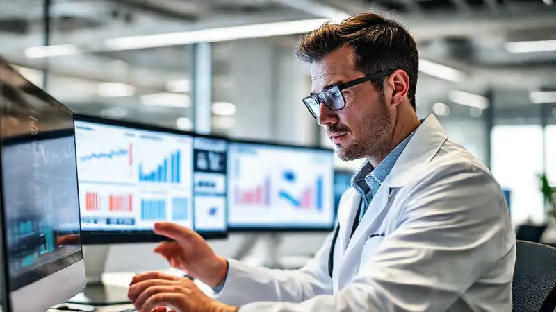 Investigador profesional analiza datos en oficina moderna
