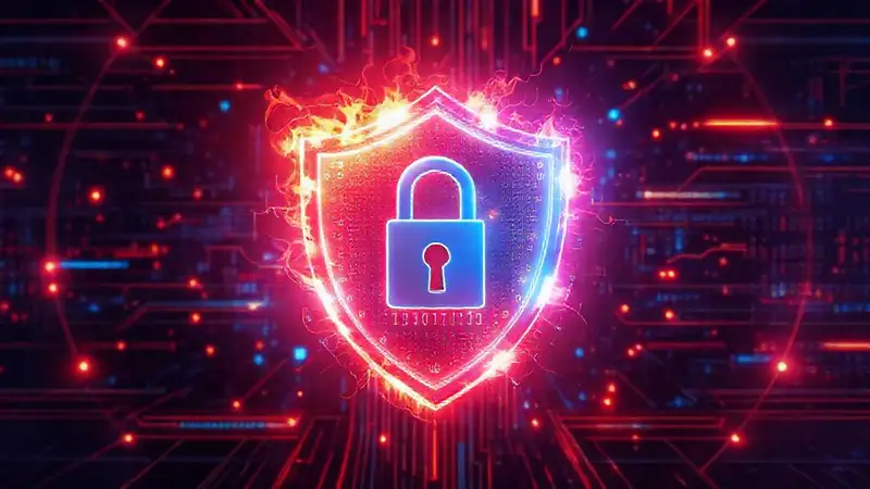 Escudo digital futurista con código y neón