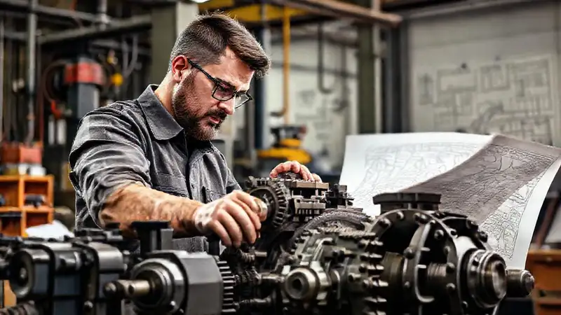 Ingeniero ajustando maquinaria en taller industrial