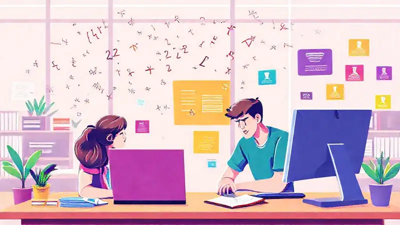 Estudiantes aprendiendo con tecnología moderna y colorida