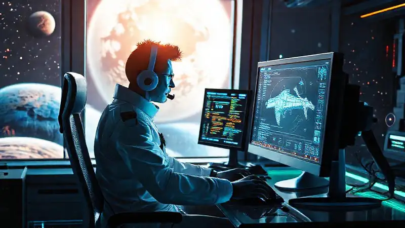 Ingeniero espacial futurista trabaja en tecnología avanzada