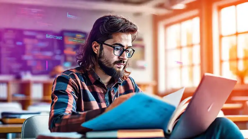 Estudiante concentrado en estudio digital vibrante