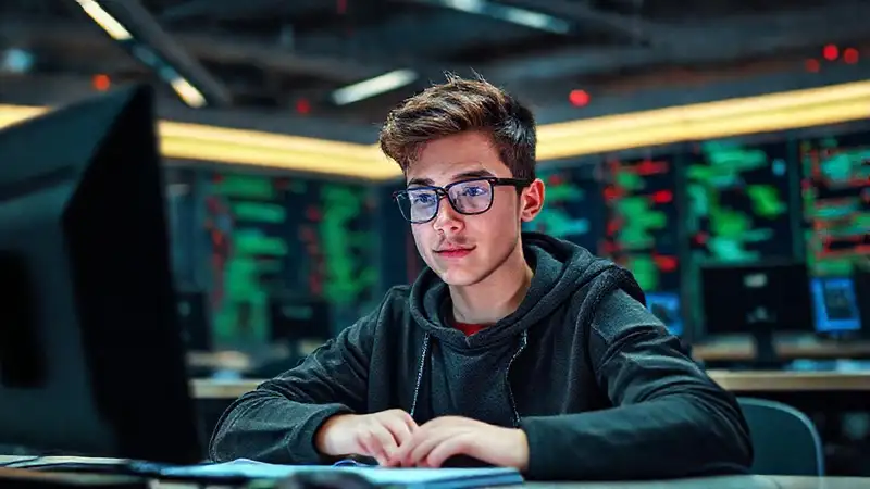 Estudiante concentrado en examen de ciencia informática