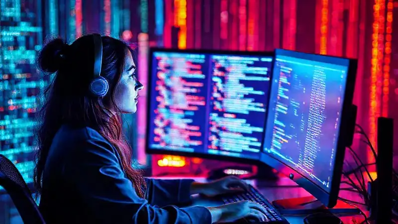 Programadora femenina en un entorno futurista