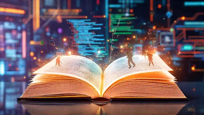 Libro abierto con código y colaboración futurista