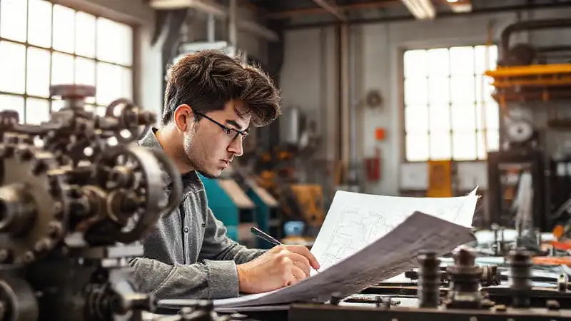 Estudiante estudia en taller con herramientas y planos