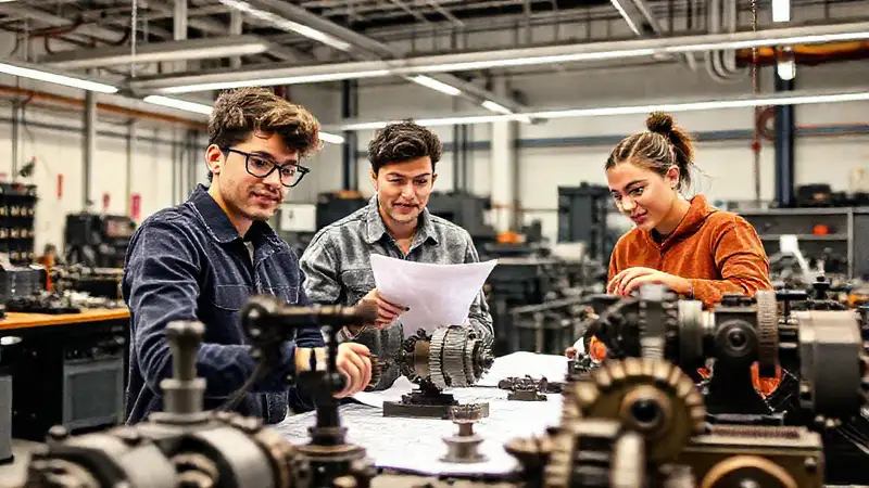 Estudiantes en taller de ingeniería con herramientas